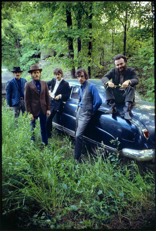 The Band, outside Big Pink, posing with his Hudson, Woodstock, NY, 1969 - Morrison Hotel Gallery